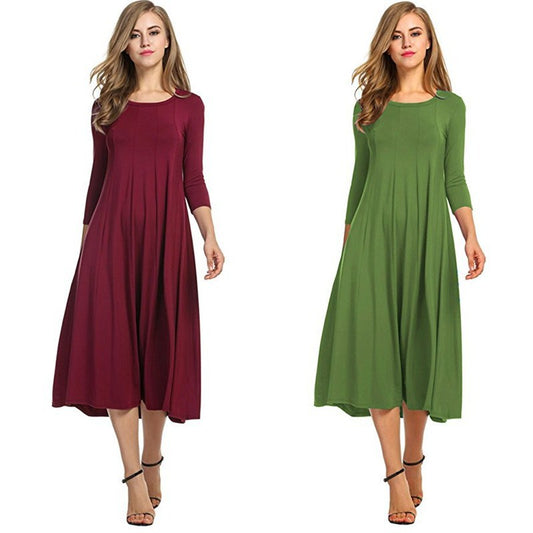 2023 European and American autumn cross-border round neck mid-sleeve solid color big swing dress