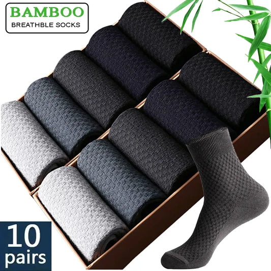 10 Pairs/Lot Men's Bamboo Fiber Socks 2024 New Compression Autumn Long Black Business Casual Man Dress Sock Gift Plus Size 42-45